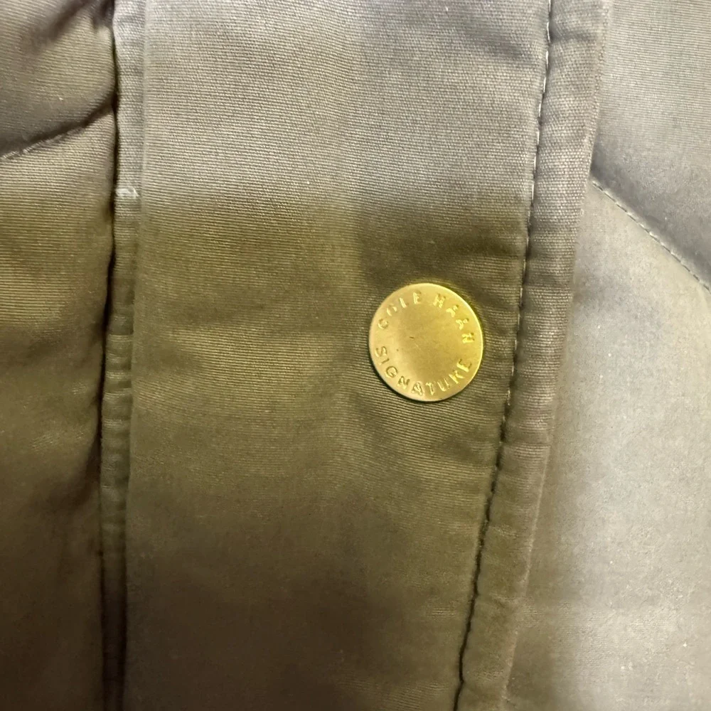 Cole Haan Signature Olive Down Puffer Jacket XS | Gold Zip Hooded‎ Quilted Coat
